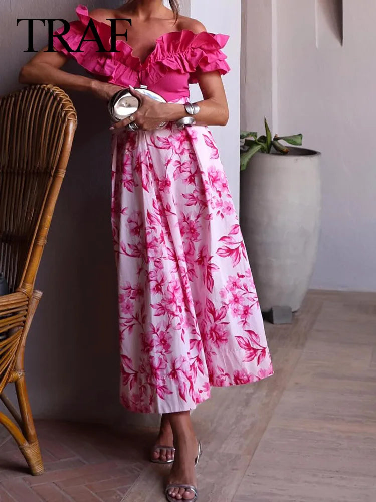 TRAF 2024 Woman Pink Floral Printed Casual Loose Skirt Women Chic A Line High Waist Long Skirt Y2K Streetwear For Beach Holiday