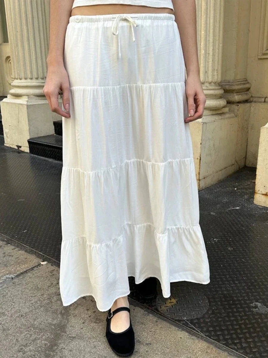Y2K Fairycore Grunge Pleated Long Skirts 2024 Fashion Ladies Sweet Soft Cotton