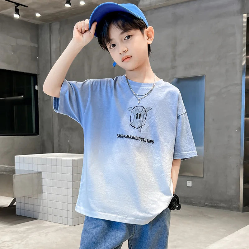 Summer Gradient Sport T-Shirt – Junior Boys’ Casual Short-Sleeved O-Neck Top