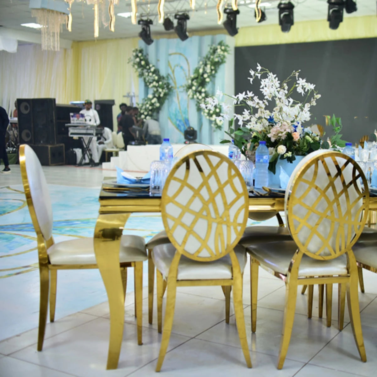 30pcs Stainless Steel Wedding & Event Chairs – Gold & White Back Design for Dining, Restaurant, or Hotel