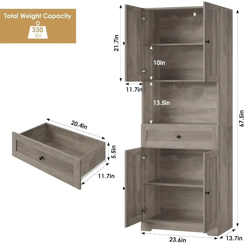 Tall Bathroom Storage Cabinets with 4 Doors & Shelves & Drawer, 67” Tall Storage Cabinet Freestanding for Bathroom, Brown