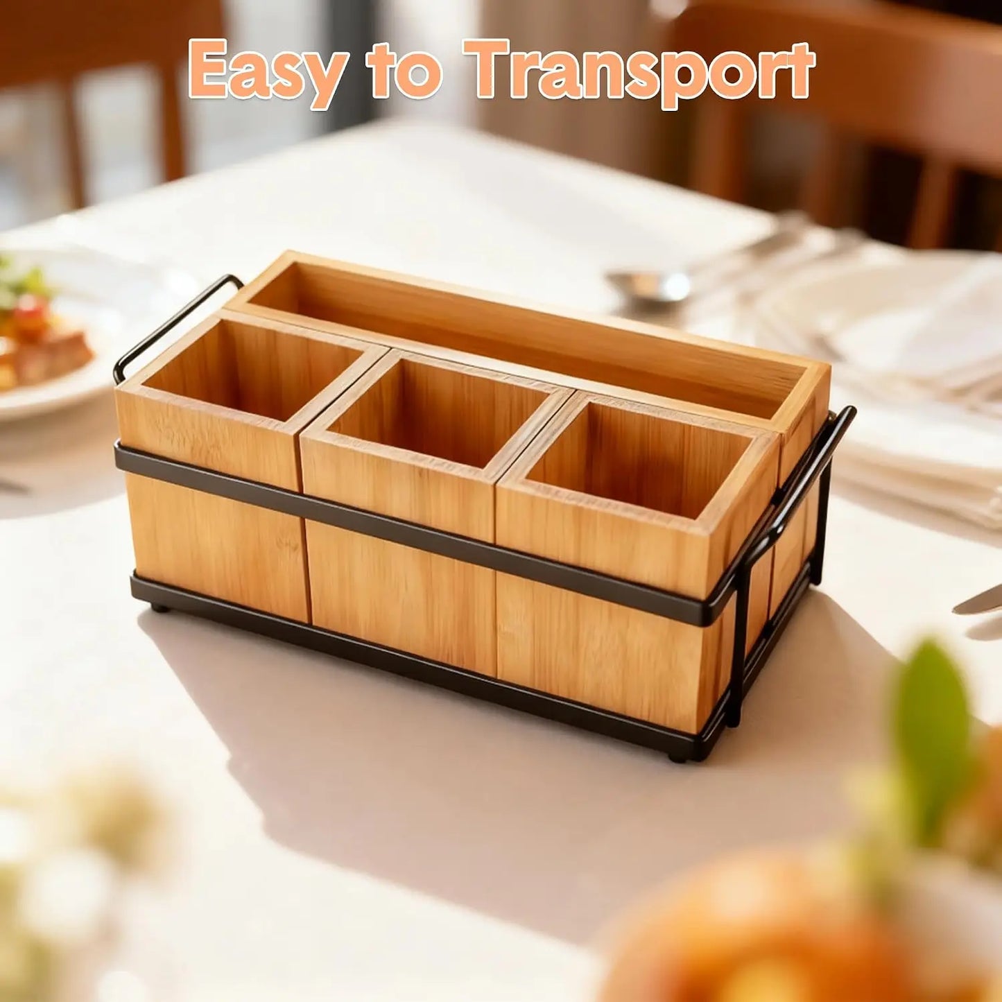 Wood Kitchen Utensil Holder with Metal Tray, Spoon & Fork Storage — product photo 6