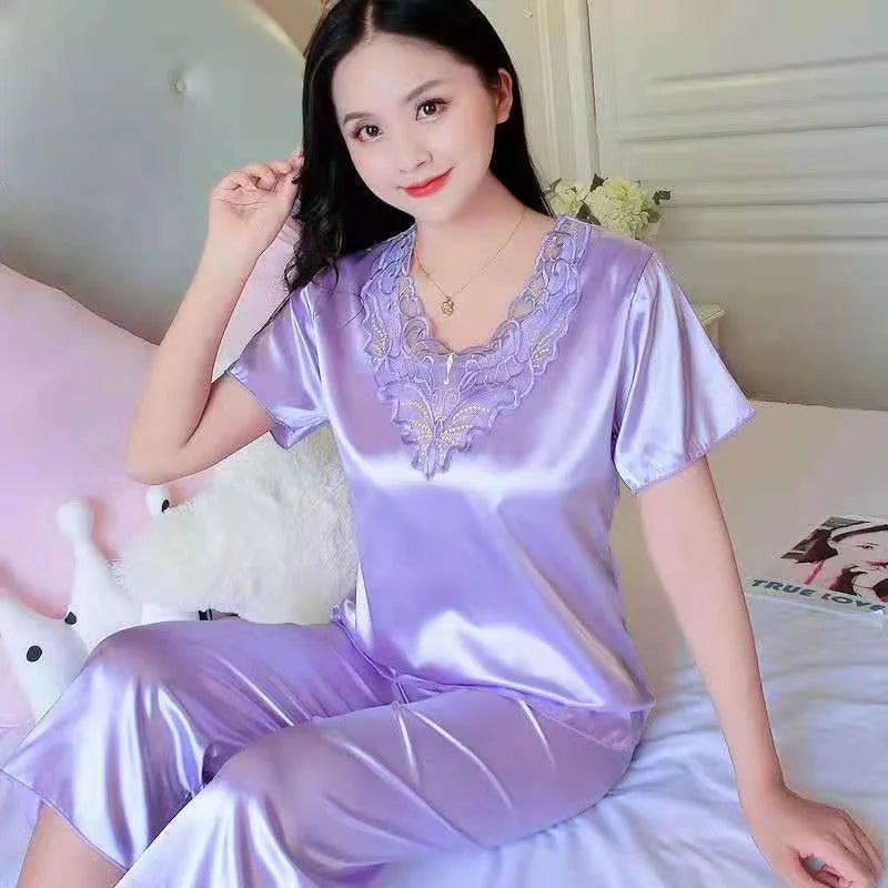 Plus Size 3XL Satin Pajamas Set Women's Pajamas Casual Pants 2 Piece Set Sleepwear Female Home Suit