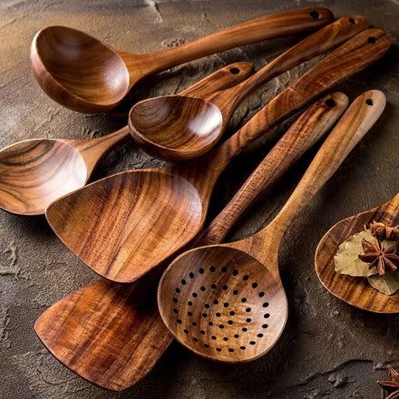 Teak Wooden Cooking Spoons Set — Smooth Non-Stick Kitchen Utensils (1-10 Pcs) — view 1 of dining & tableware