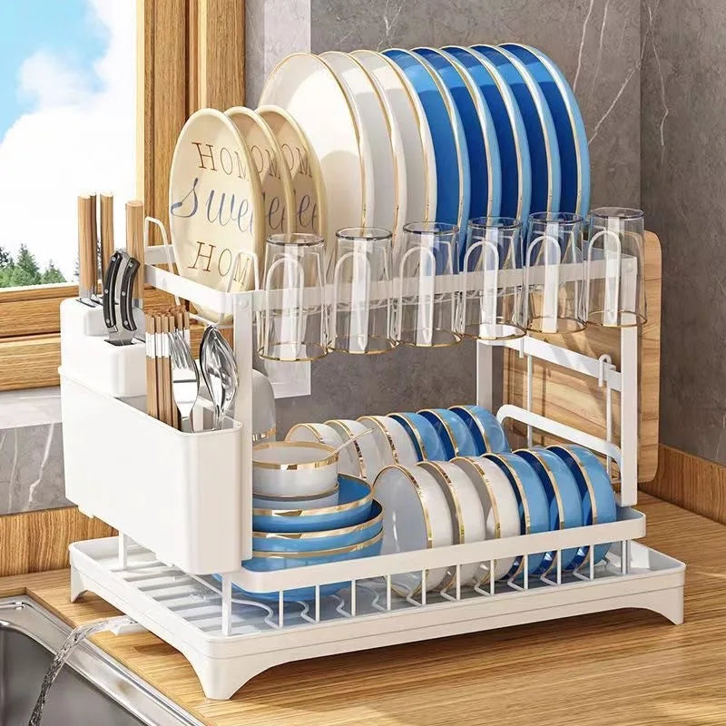 Large 2-tier dish drying rack for kitchen countertops, removable large-capacity dish draining rack — view 7 of product