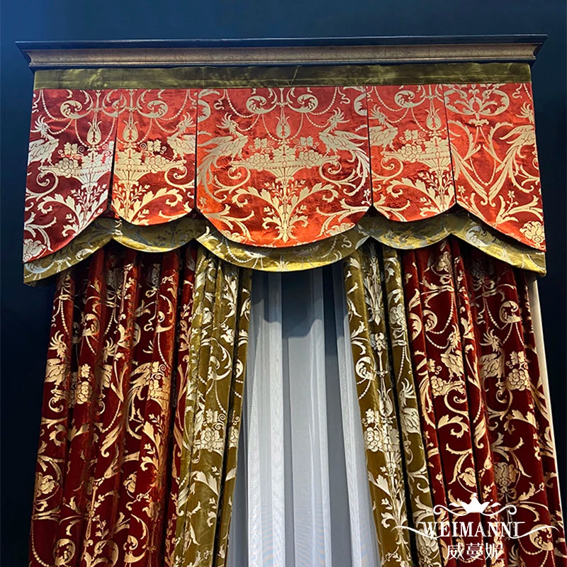 Custom luxury velvet bronzing American retro living room bedroom red thick cloth valance blackout curtain tulle drape C1993