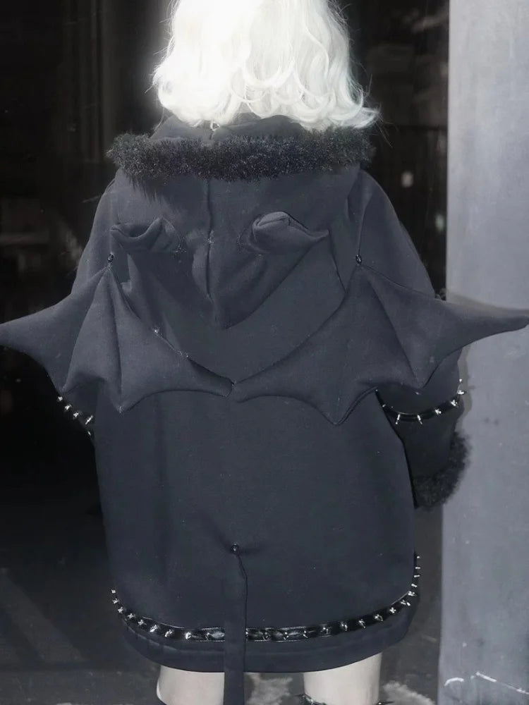 Vintage Gothic Rivet Patchwork Jacket – Women's Punk Grunge Demon Wing Hoodie Coat