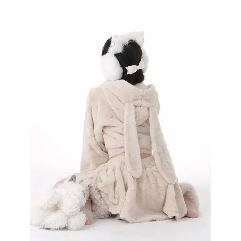 New Women's Bunny Ears Kawaii Hooded Jacket & High Waist Skirt Set – Harajuku Y2K Cute Fashion