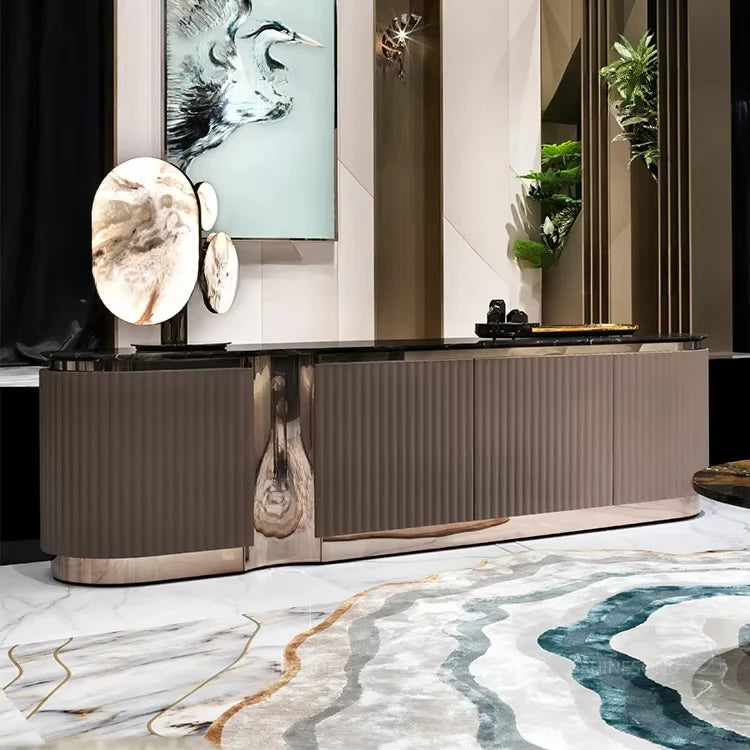 Luxury Grey Wooden TV Cabinet – Modern Marble & Stainless Steel Stand