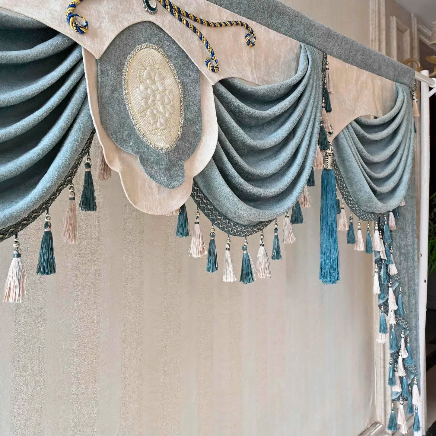 Europe Luxury Blue Swag Waterfall Valance With Tassel Beads Fringe Trim for Living Room Curtain Head Home Drapes #D