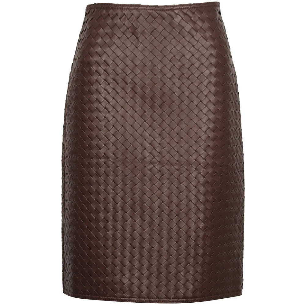 YOLOAgain 2024 Spring New Hand-Woven High Waist Straight Real Leather Skirt Women
