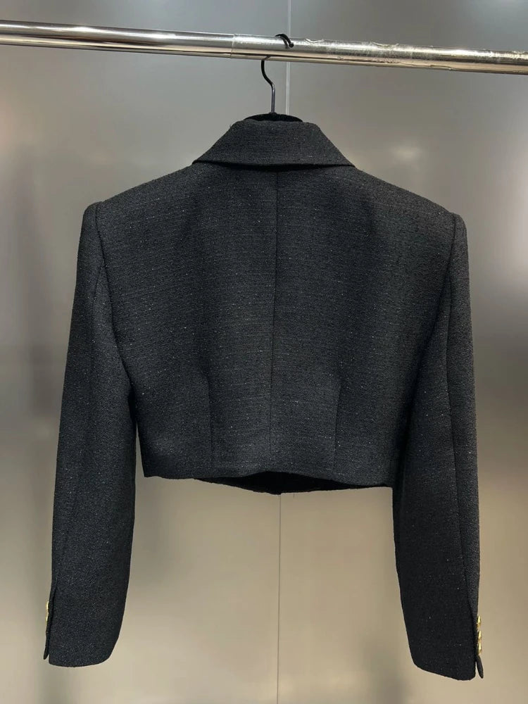 Sexy Spice Girls-Inspired Black Woven 2-Piece Suit – Blazer Coat + Bra Bodysuit Shorts with Belt (Autumn Edition)