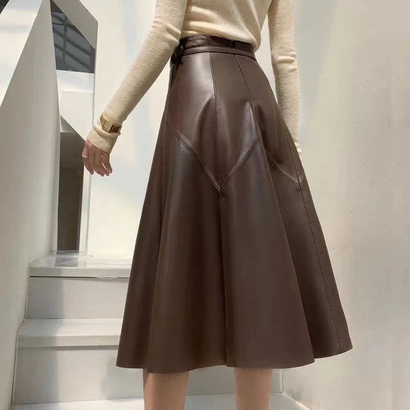A-Line Sheepskin Leather Midi Skirt – Winter Stylish European Design with Belt