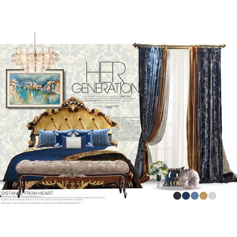 High Grade Velvet Purple and Gold Embroidery Stitching Thickened Blackout Curtains for Living Room Bedroom French Window Villa