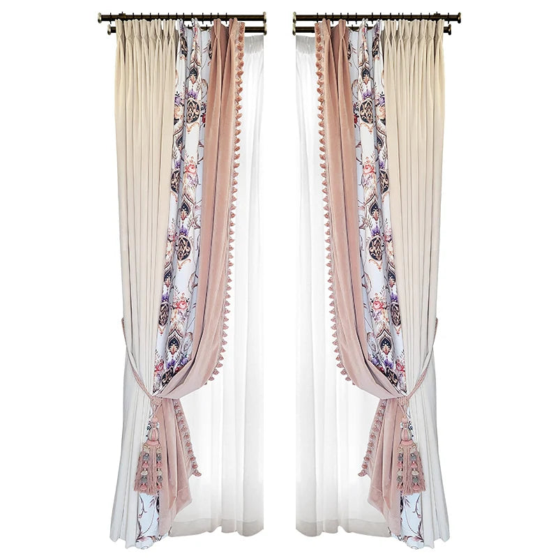 New High-end Pink Printing Velvet Splicing Curtains for Living Room Bedroom Villa Balcony French Window Customized Products