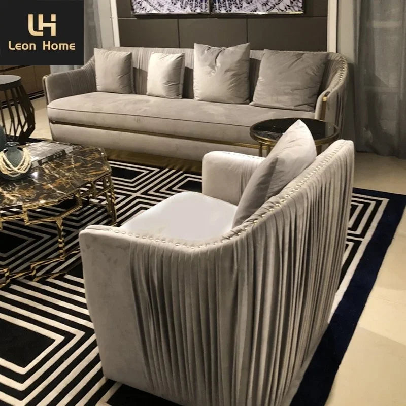 Luxury Italian Velvet Sofa Set – High-End 3-Seater with Gold Accents