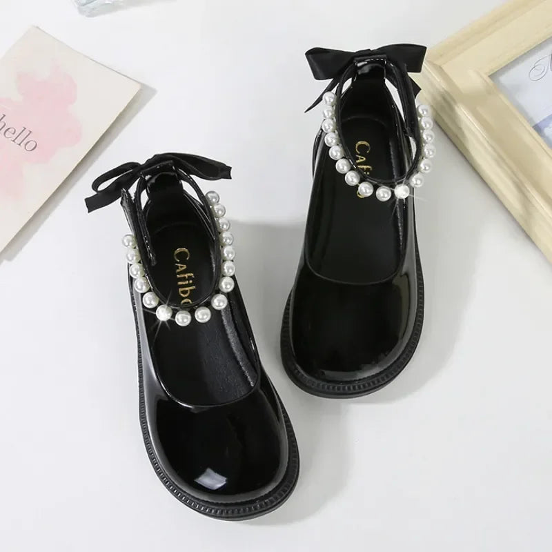 New Autumn Girls’ Glossy Black Mary Janes – Princess Leather Shoes with Back Bow & Beading