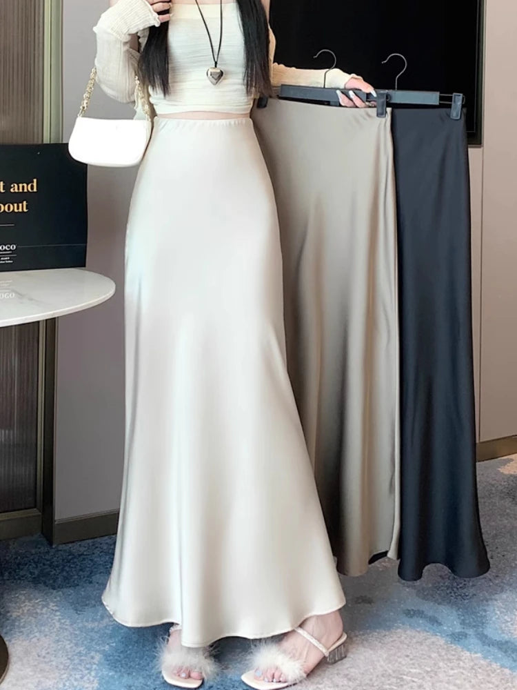 Summer Satin Skirt 2024 Women's Long Skirt Silk High Waisted Slim Fashion Korean Solid Champagne Black Midi