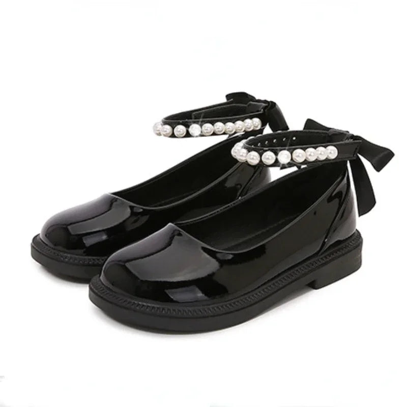 New Autumn Girls’ Glossy Black Mary Janes – Princess Leather Shoes with Back Bow & Beading