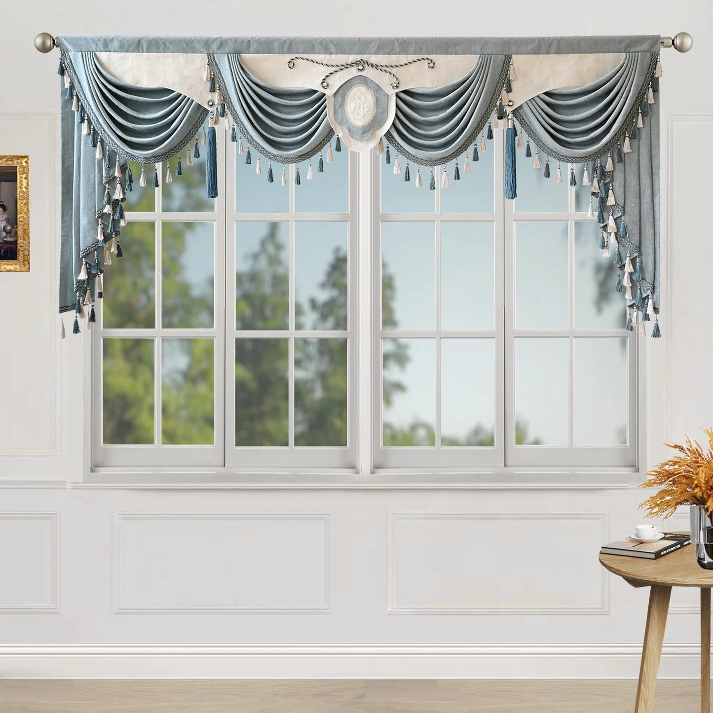 Europe Luxury Blue Swag Waterfall Valance With Tassel Beads Fringe Trim for Living Room Curtain Head Home Drapes #D