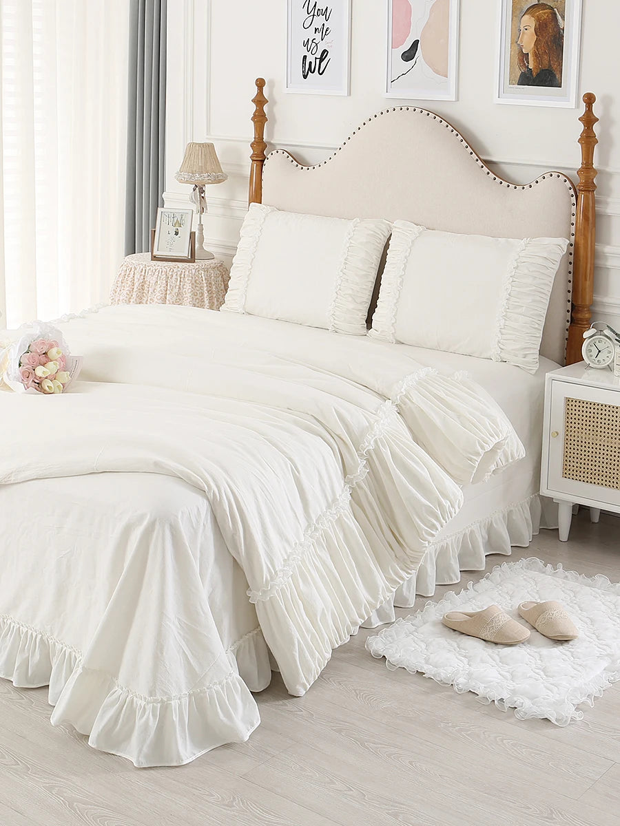 100% Premium Cotton Bedding Four Piece Set, Fairy Wind Lolita White Bed Skirt Bed Sheet Quilt Cover, Ruffle Edge Duvet Cover Set