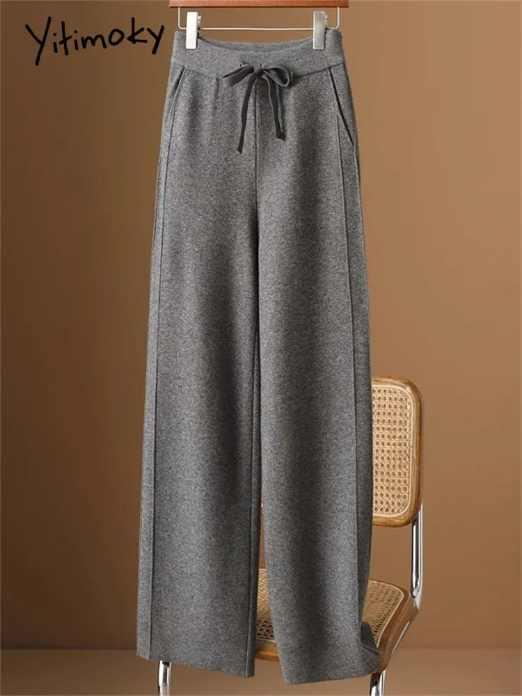 Yitimoky Knitted Women Pants Autumn Winter 2023 New Fashion High Waisted Loose Wool
