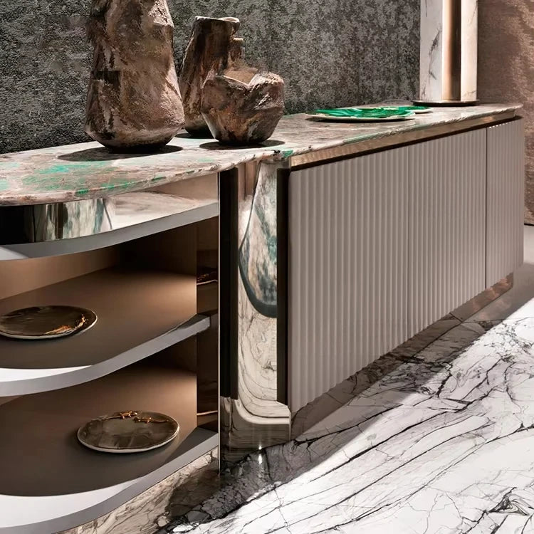 Luxury Grey Wooden TV Cabinet – Modern Marble & Stainless Steel Stand