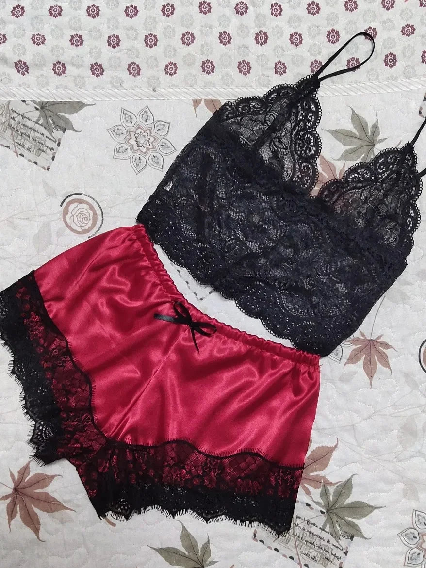 Lace Sleepwear Set for Women Sexy Transparent Sleeveless Tops Silk Shorts Pajamas Nightwear S-3XL