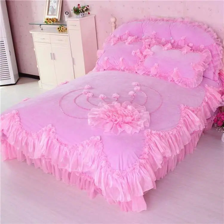 Winter Coral Fleece 4pcs Set Lace Princess Wind Pastoral Padded Plush Bed Skirt Double-sided Fleece Quilt Cover Bedding Sets