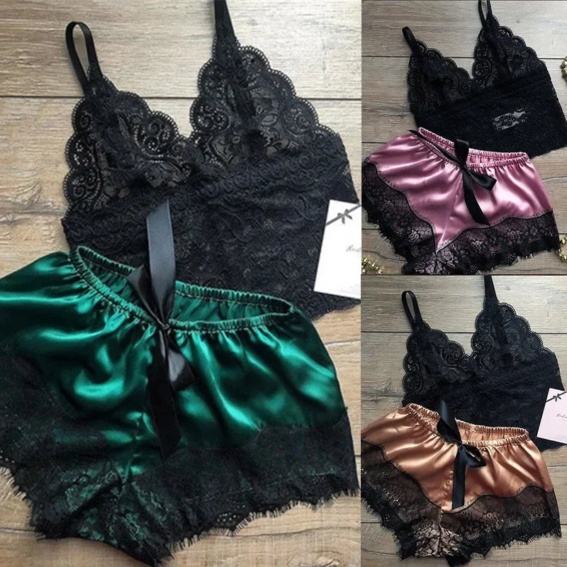 Lace Sleepwear Set for Women Sexy Transparent Sleeveless Tops Silk Shorts Pajamas Nightwear S-3XL