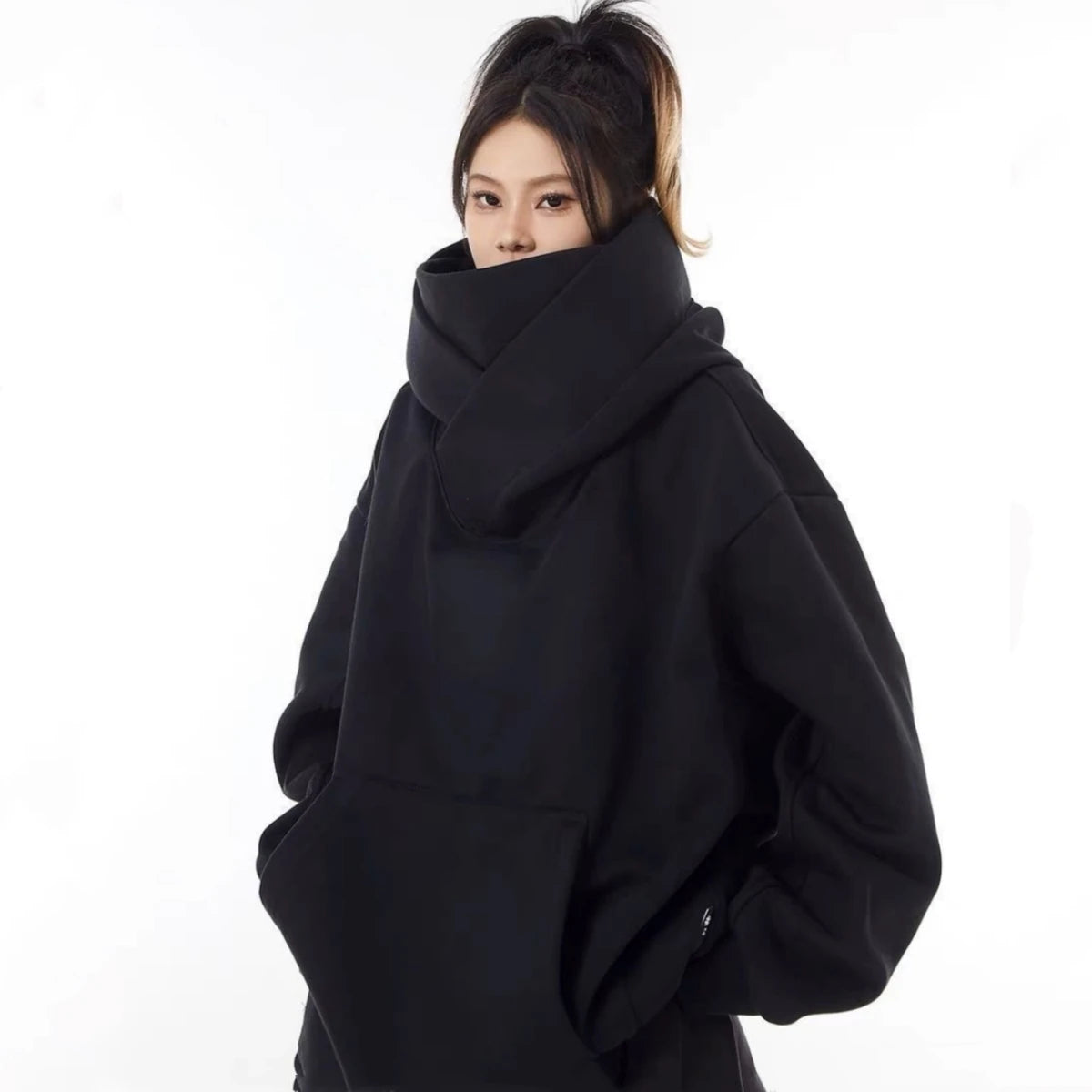 Men’s Solid Color Ninja Hoodie – Vintage Turtleneck Fleece Oversized Sweatshirt for Autumn Y2K Streetwear