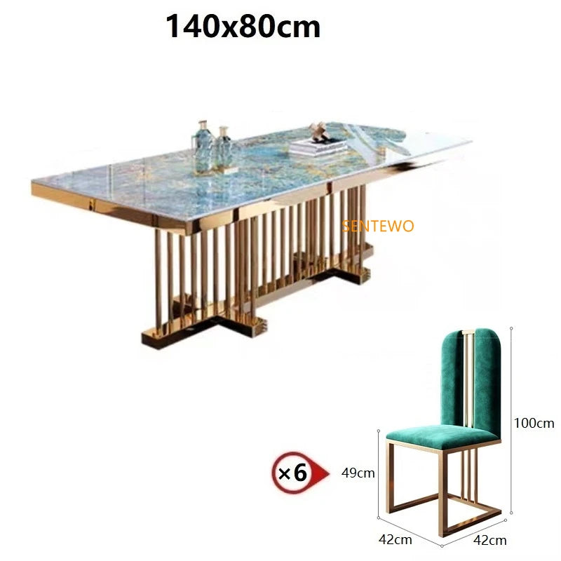 SENTEWO Free Shipping Italian Luxury Rock Slab Dining Table Set 4 Chairs Golden Frame Dinner Tables With Chair Kitchen Furniture
