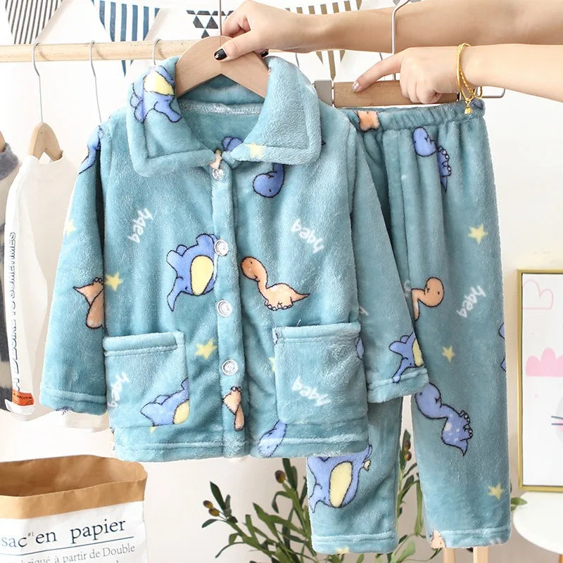 Kids Boys Girls Autumn Winter Flannel Pajama Sets Cute Cartoon Long Sleeve Lapel Tops with Pants Baby Sleepwear Clothing 1-12Y