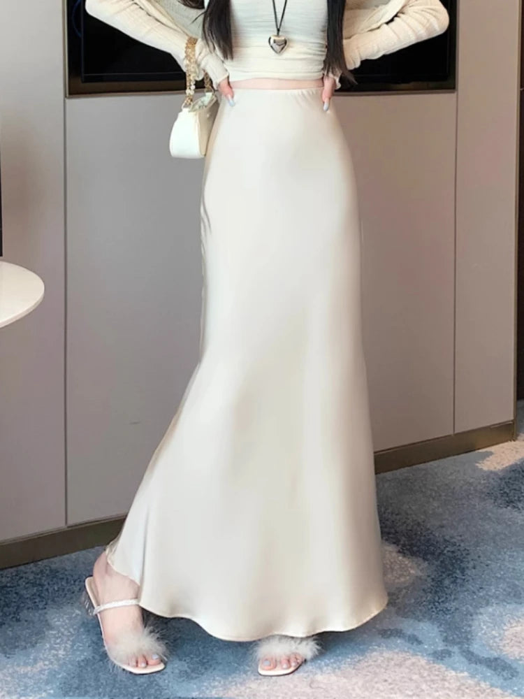 Summer Satin Skirt 2024 Women's Long Skirt Silk High Waisted Slim Fashion Korean Solid Champagne Black Midi