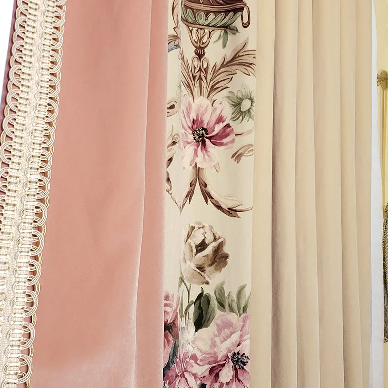 New High-end Pink Printing Velvet Splicing Curtains for Living Room Bedroom Villa Balcony French Window Customized Products
