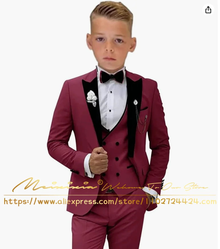 White Boys’ 3-Piece Formal Wedding Tuxedo Suit – Jacket, Vest & Pants Set (Ages 2–16, Custom Sizes Available)