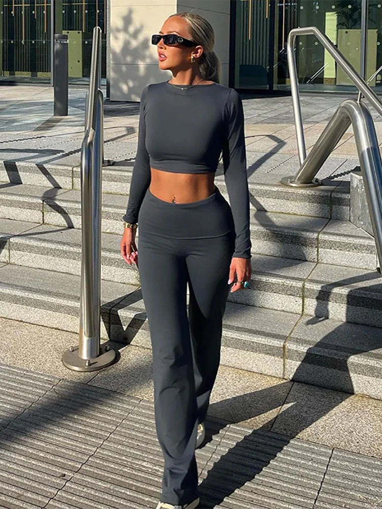 Women’s Fold-Over Pants Suit – Long Sleeve Slim Crop Top & Flare Pants