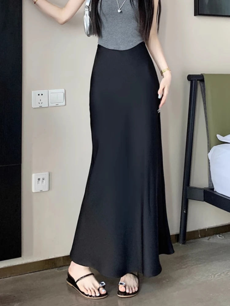 Summer Satin Skirt 2024 Women's Long Skirt Silk High Waisted Slim Fashion Korean Solid Champagne Black Midi