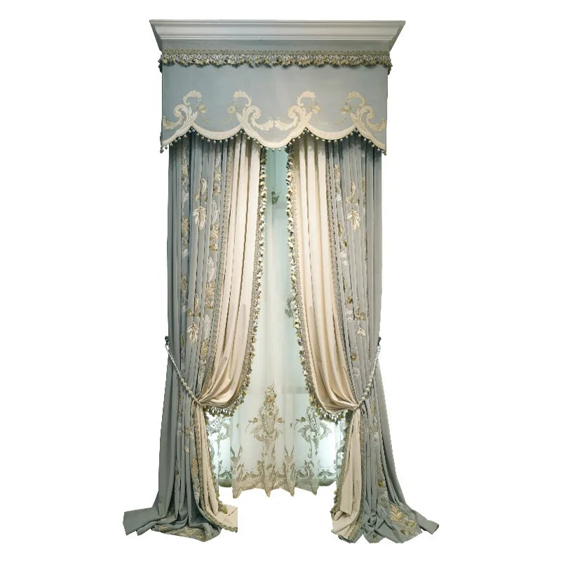 High Grade Blue Grey Embroidery Velvet Splicing Thickened Curtains for Living Room Bedroom Villa French Window Valance
