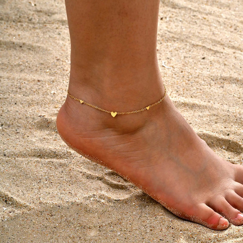 Stainless Steel Heart Anklet — Gold-Plated Dainty Beach Anklet for Women — view 1 of jewelry