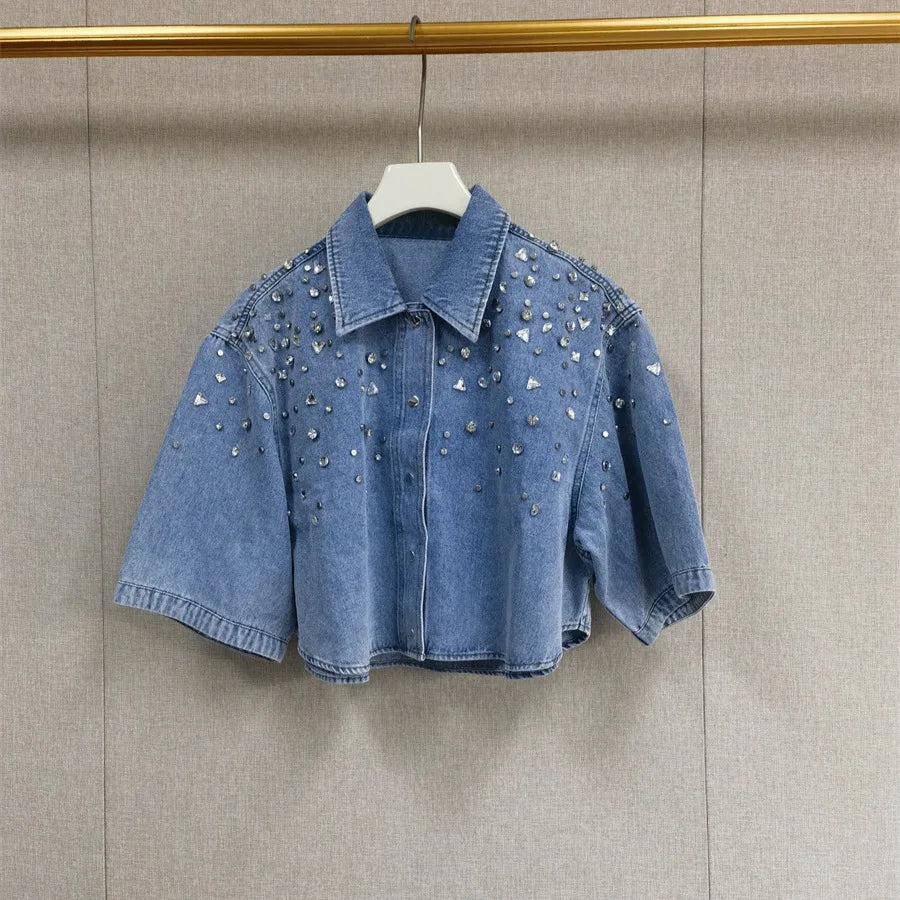2025 Women’s Diamond-Embellished Denim Set – Turn-Down Collar Shirt & High-Waist Shorts