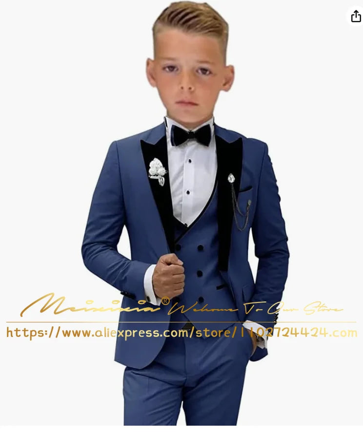 White Boys’ 3-Piece Formal Wedding Tuxedo Suit – Jacket, Vest & Pants Set (Ages 2–16, Custom Sizes Available)
