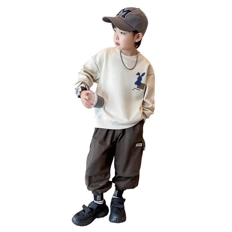 Boys’ Spring & Autumn Cotton Sweatshirt – Rabbit Patchwork Sports Style Bottoming Shirt