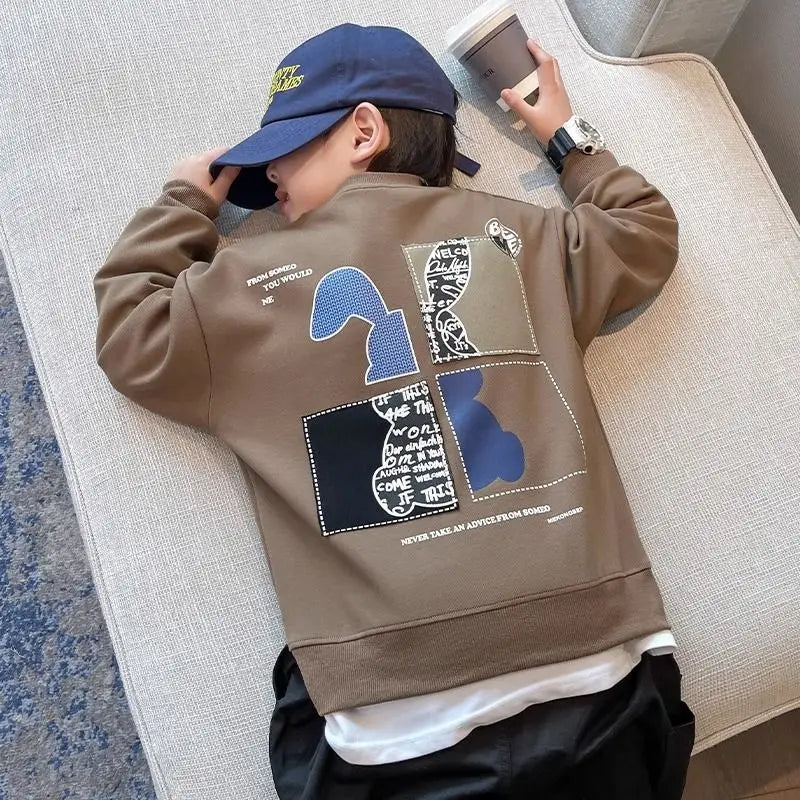 Boys’ Spring & Autumn Cotton Sweatshirt – Rabbit Patchwork Sports Style Bottoming Shirt