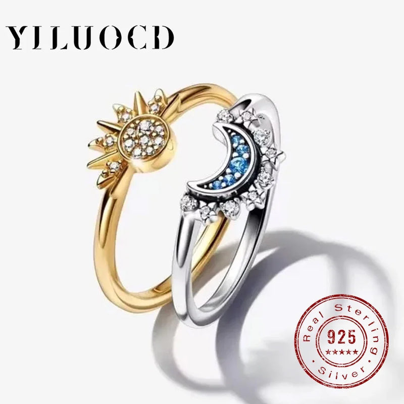 Unisex 925 Sterling Silver Sun & Moon Couple Ring Set — Sky Blue Cubic Zirconia Jewelry — view 1 of jewelry