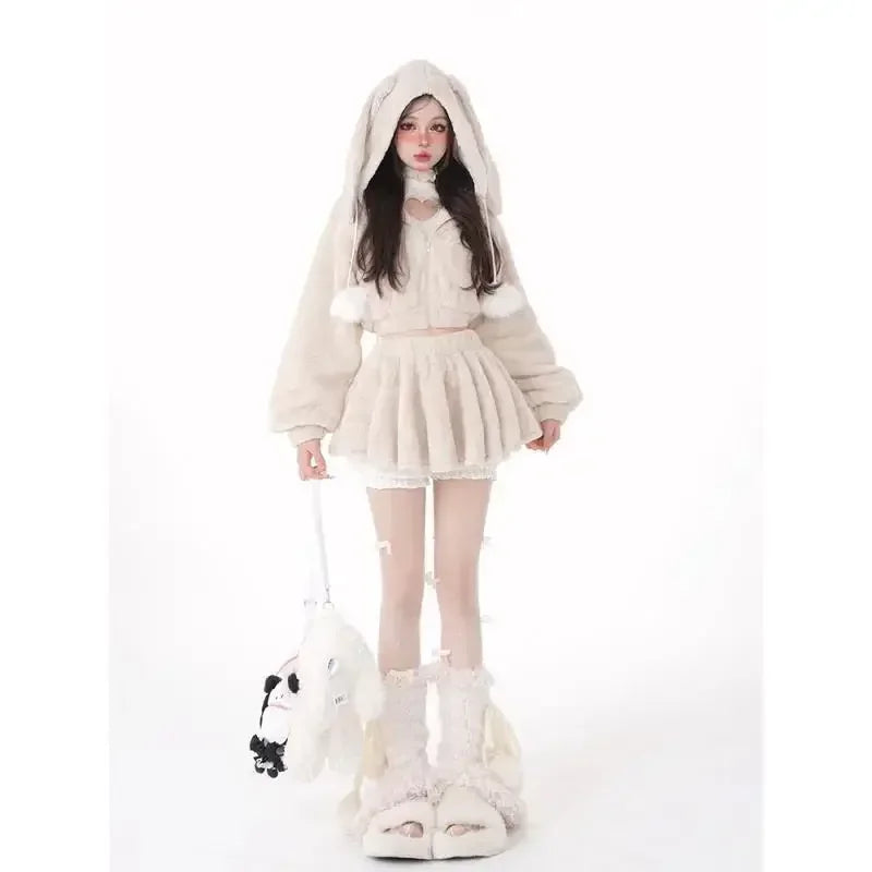 New Women's Bunny Ears Kawaii Hooded Jacket & High Waist Skirt Set – Harajuku Y2K Cute Fashion