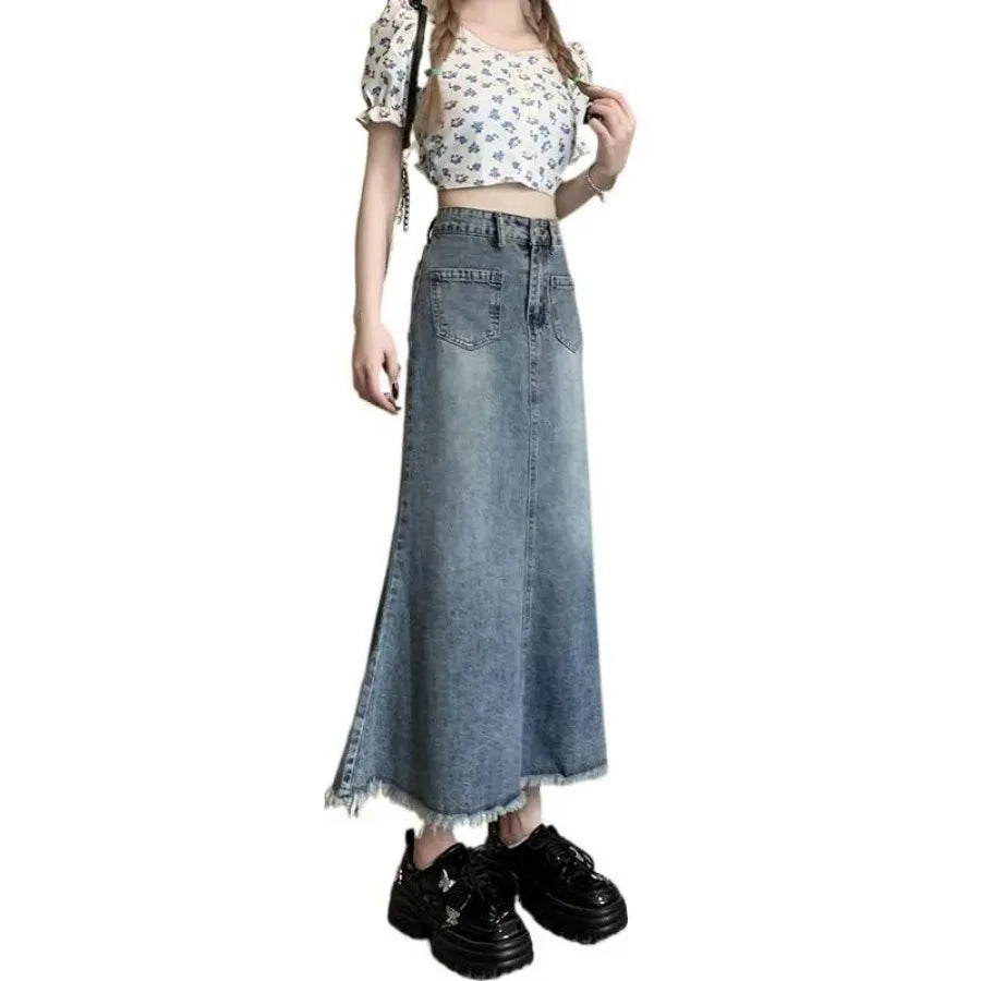 French Retro Denim Bust Skirt — High-Waist Midi with Faux-Fur Trim — styled look