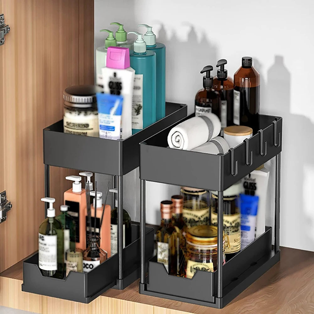 2-Tier Sliding Cabinet Basket Organizer – Under Sink Storage Rack with Hooks & Hanging Cup, Black