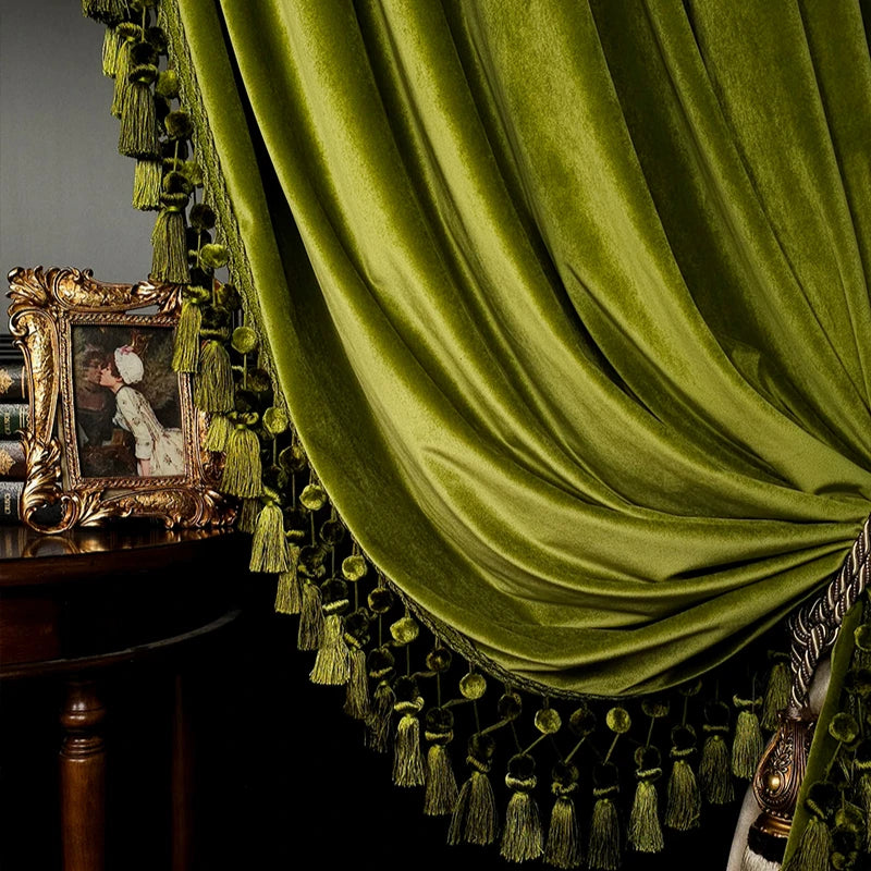 French Luxury Green Retro Full Blackout Velvet High-end Villa High Window Curtains for Living Room Bedroom Dining Custom Size