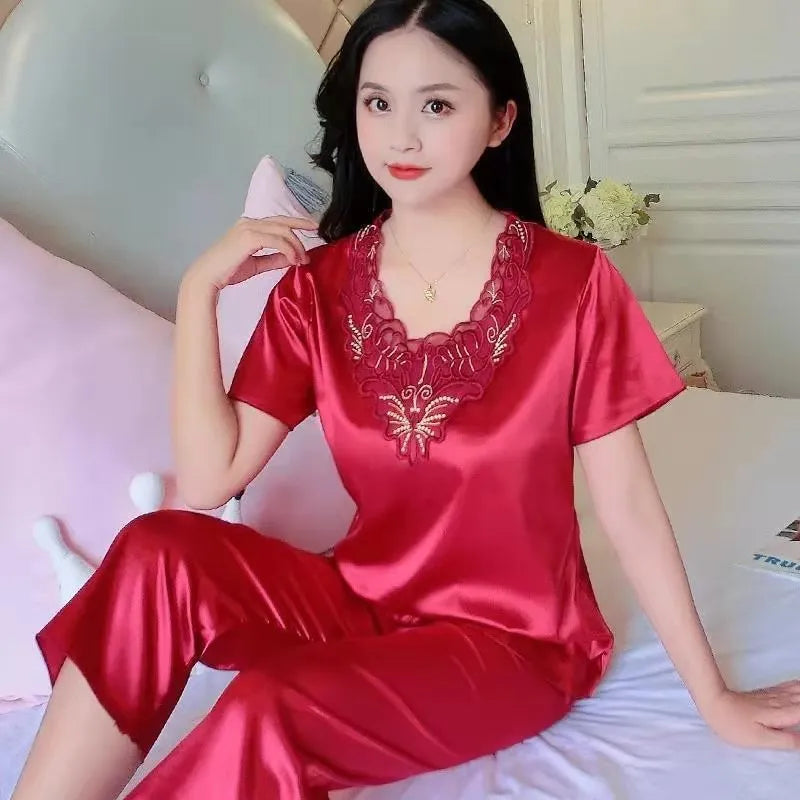 Plus Size 3XL Satin Pajamas Set Women's Pajamas Casual Pants 2 Piece Set Sleepwear Female Home Suit